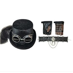Steampunk Black Velvet Top Hat With Goggles, Fingerless Gloves, & Choker